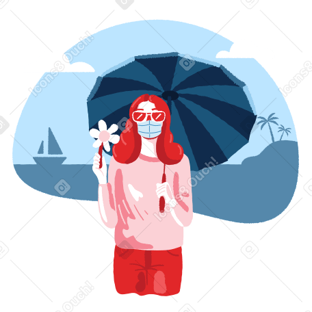 Girl on the beach with umbrella. Wearing medical mask. Illustration in PNG, SVG
