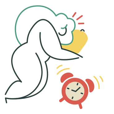 Woman waking up to a ringing alarm clock PNG, SVG