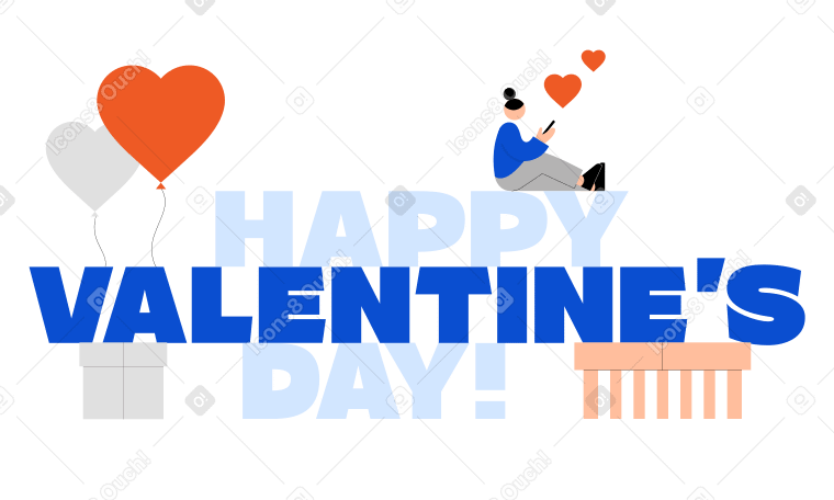 Texte joyeuse saint-valentin avec des coffrets cadeaux, des ballons en forme de coeur et une fille avec un téléphone en mains PNG, SVG
