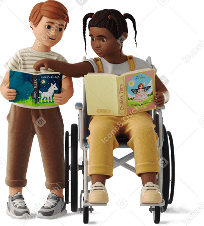 3D boy and girl reading books в PNG, SVG