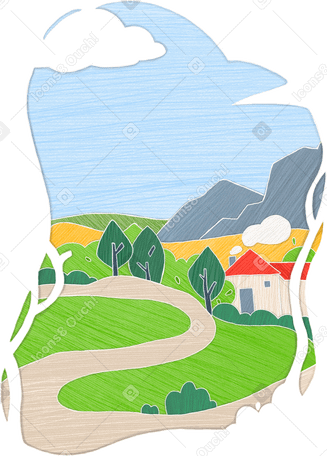 landscape with mountains, forest, house and green fields PNG、SVG