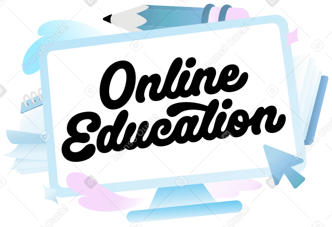 Letras de educação on-line na tela com lápis, livros e texto do cursor PNG, SVG