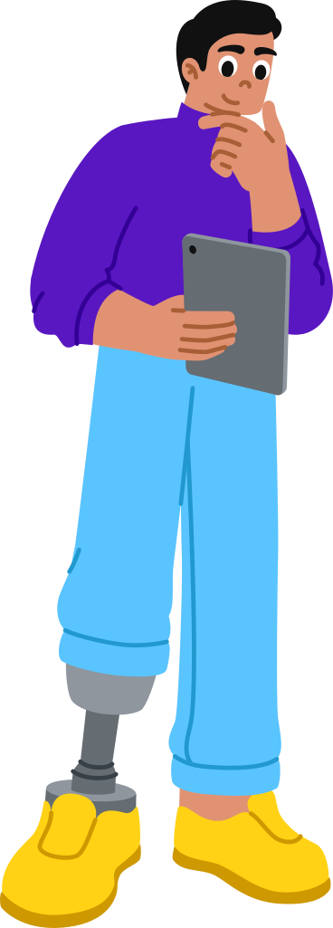 Mann mit einer beinprothese, der ein tablet hält PNG, SVG
