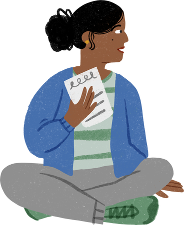 Girl sitting with her legs crossed and talking with paper in her hand PNG, SVG