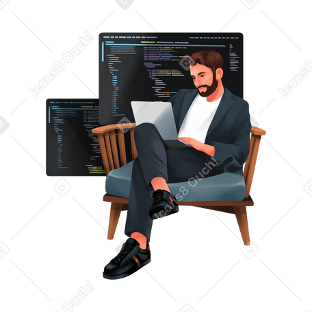 Человек программирует на ноутбуке, сидя в кресле в PNG, SVG
