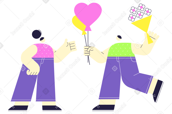 Illustration Man giving heart baloons and bouquet to woman aux formats PNG, SVG