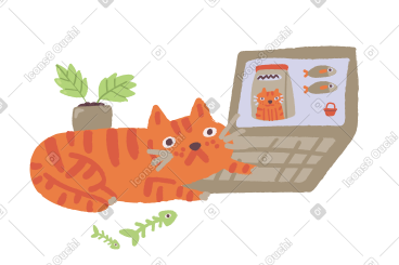 Cat ordering fish on laptop PNG, SVG