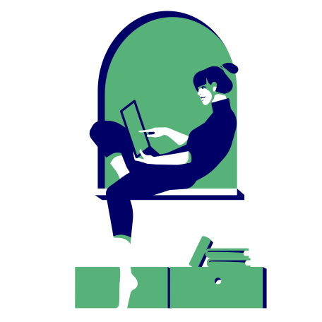 Remote work, woman sitting in relaxed pose on the window with iPad in her hands Illustration in PNG, SVG