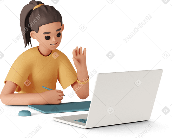 3D woman in online meeting with graphic tablet Illustration in PNG, SVG