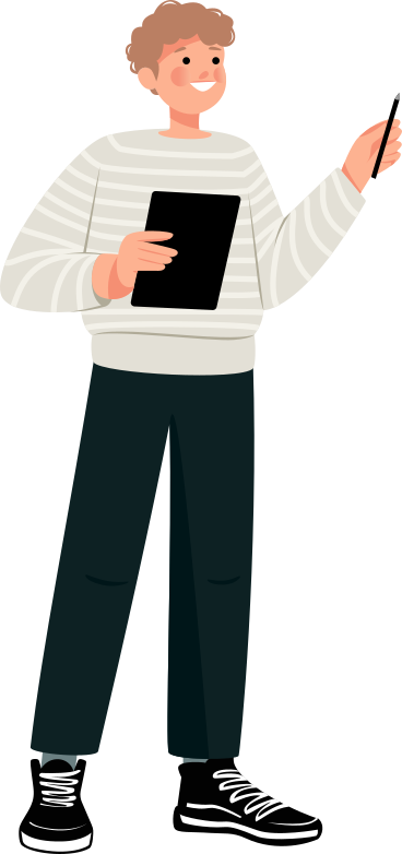 guy standing with a tablet and a pen in his hands PNG, SVG
