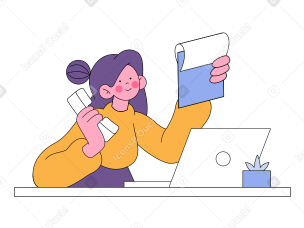 Ilustración animada de Mujer trabajando en computadora y teniendo conversación telefónica en GIF, Lottie (JSON), AE