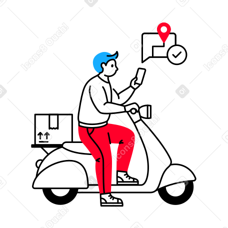 Delivery man on a motorcycle with a phone delivering a package Illustration in PNG, SVG