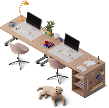 Isometric view of art studio office desk and dog PNG, SVG