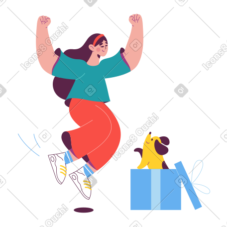 女孩对礼物盒里的狗很满意 PNG, SVG