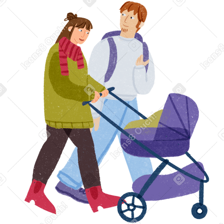 Young parents walking with a stroller PNG, SVG