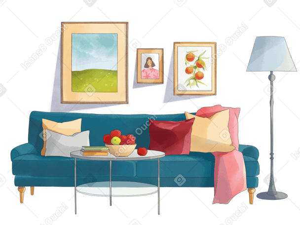 Living room with sofa and paintings Illustration in PNG, SVG