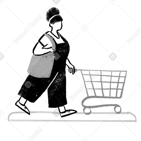 Black and white woman walking with a shopping cart Illustration in PNG, SVG