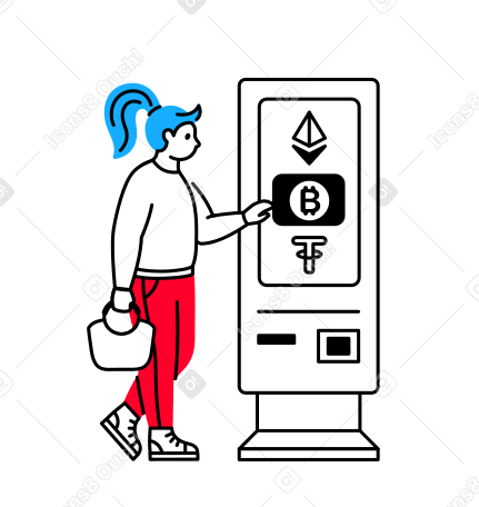 Woman buying cryptocurrency at cryptomat PNG, SVG