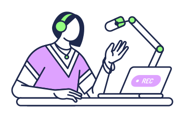 Woman recording podcast with microphone and laptop PNG, SVG