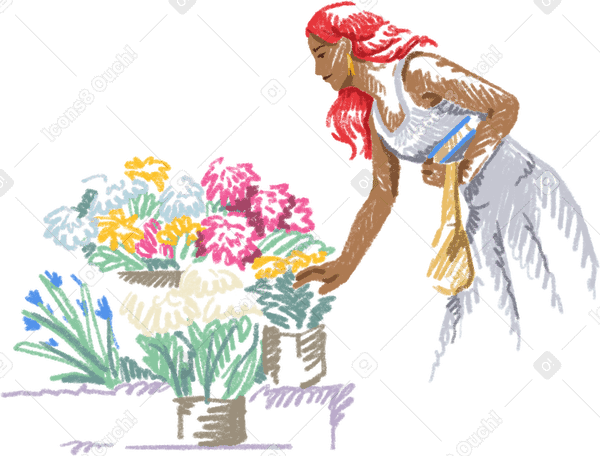 young woman choosing flowers PNG、SVG