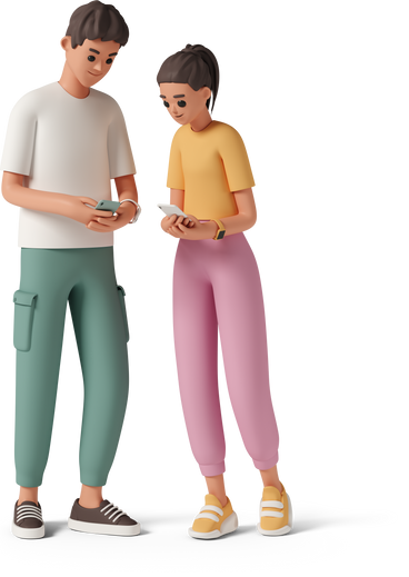 young couple looking at phones PNG, SVG