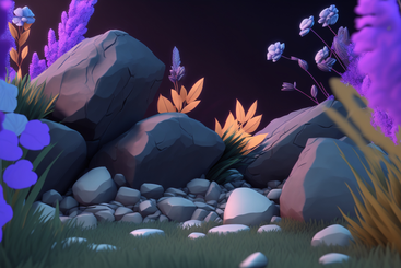 具有植物和岩石背景的夜间构图 PNG, SVG