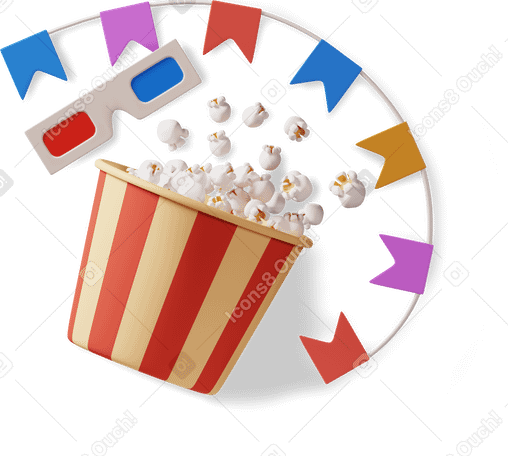 3D popcorn, 3d glasses and decorative flags PNG, SVG