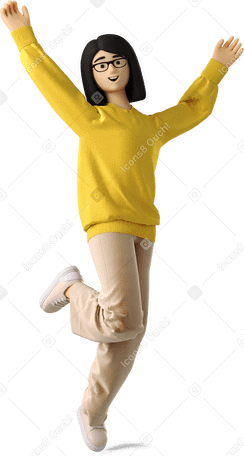 3D 팔을 들고 점프하는 즐거운 젊은 여성 PNG, SVG