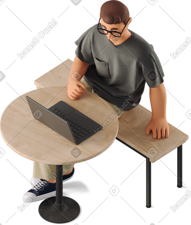 3D young man sitting and working with laptop PNG, SVG