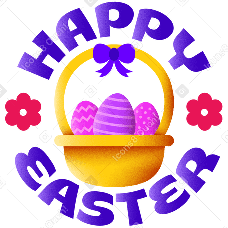 lettering happy easter with easter basket and flowers text PNG, SVG