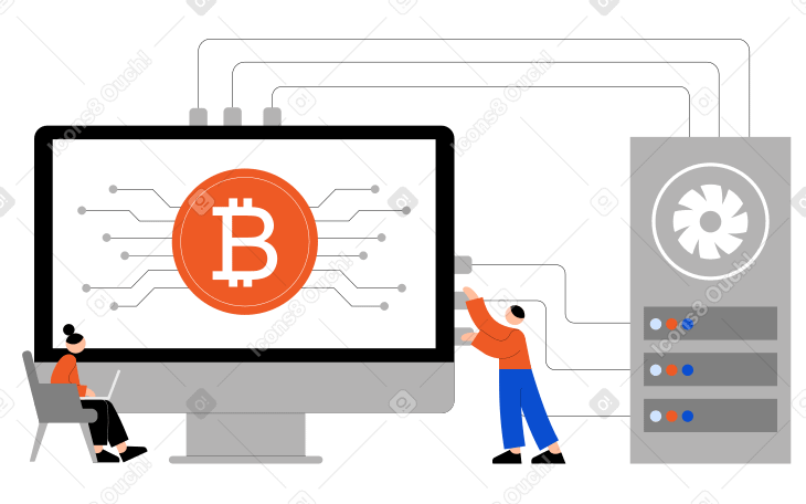 Young people mining cryptocurrency on hardware PNG, SVG