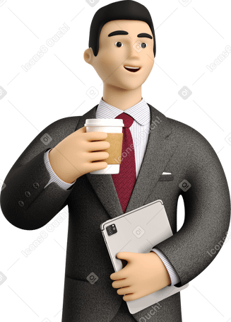 3D businessman in black suit with paper coffee cup holding tablet PNG, SVG