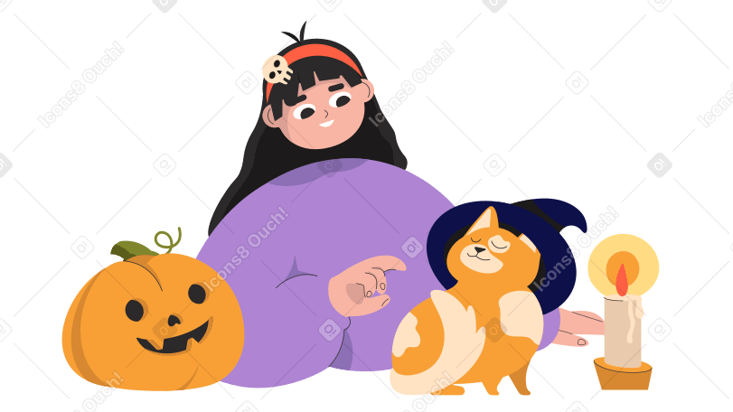 Mädchen und katze mit hexenhut feiern halloween PNG, SVG