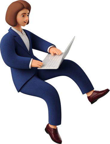 seated businesswoman in blue suit with laptop PNG, SVG
