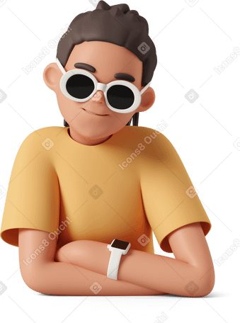 3D young woman in sunglasses sitting with hands crossed PNG, SVG