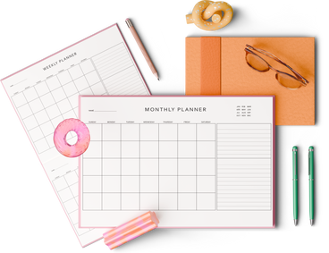 Top view of planners notebook glasses and pens PNG, SVG