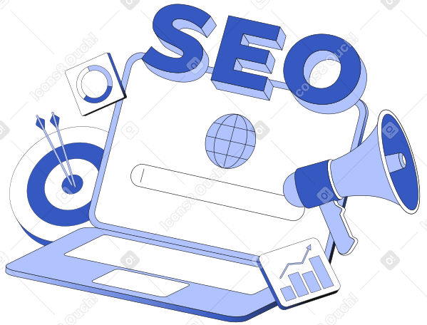 Seo-schriftzug mit marketingobjekten und diagrammtext PNG, SVG