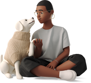 young woman sitting on the ground with dog in sweater PNG, SVG