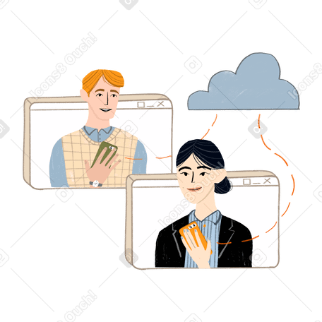 Man and woman downloading information from a cloud on their phones Illustration in PNG, SVG