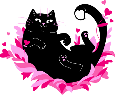 black cat with pink hearts text PNG, SVG