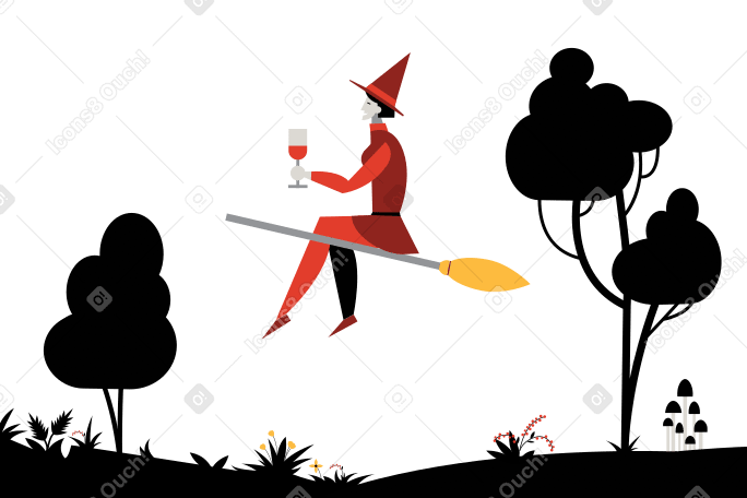 Witch with wine glass in hand flying on a broom PNG, SVG