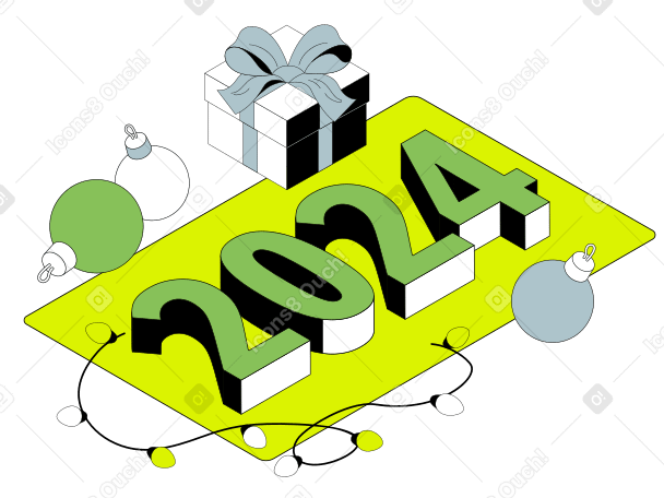 Ilustração animada de Letras 2024 com caixa de presente e texto de enfeites de natal em GIF, Lottie (JSON), AE