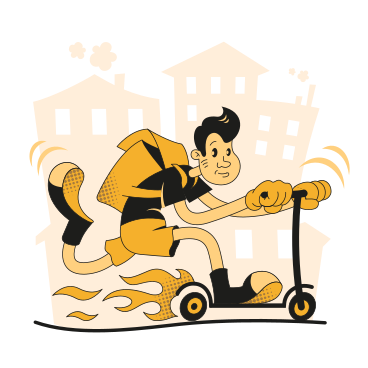 Illustration animée Courrier de livraison de nourriture pressé sur un scooter aux formats GIF, Lottie (JSON) et AE