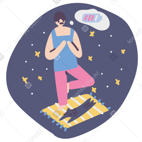 Illustration Homme et chat faisant du yoga sur un tapis dans l'espace et ressentant la charge émotionnelle aux formats PNG, SVG