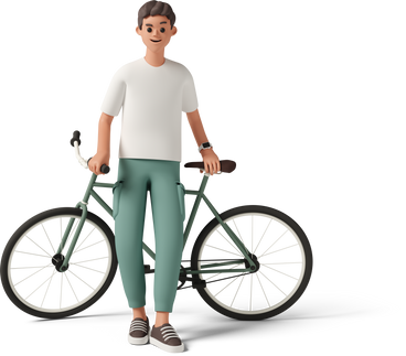 young man standing with bicycle behind his back PNG, SVG