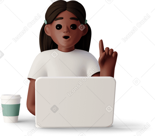 3D girl sitting  in front of laptop and having an idea PNG, SVG