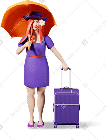 3D woman with umbrella and suitcase PNG, SVG
