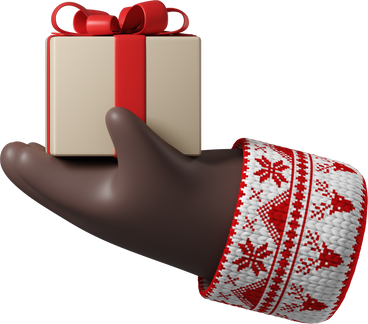 Рука с черной кожей в белом свитере с рождественским узором и подарочной коробкой в PNG, SVG