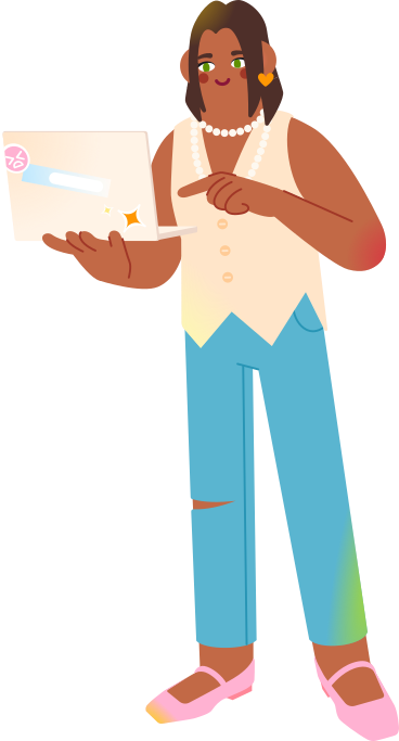 Woman holding laptop and pointing at it PNG, SVG