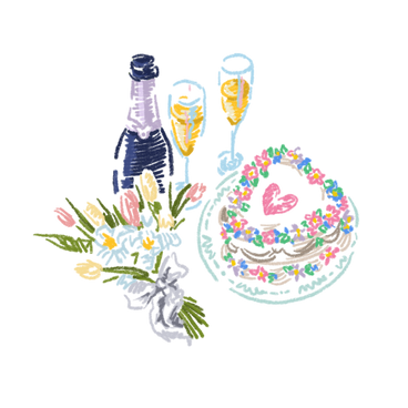 Champagne, bouquet of flowers and wedding cake PNG, SVG